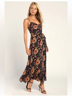 Lulus Dramatic Darling Floral Midi Faux Wrap Dress XS Tie Waist Wedding NWT